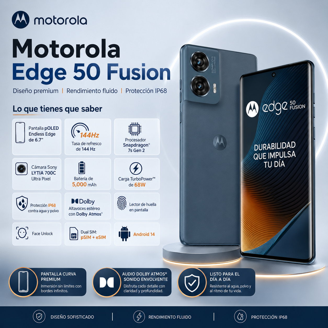 Motorola Edge 50 Fusion 5G 256GB Azul Pantalla pOLED 144Hz, Cámara Sony LYTIA 50MP, Carga 68W