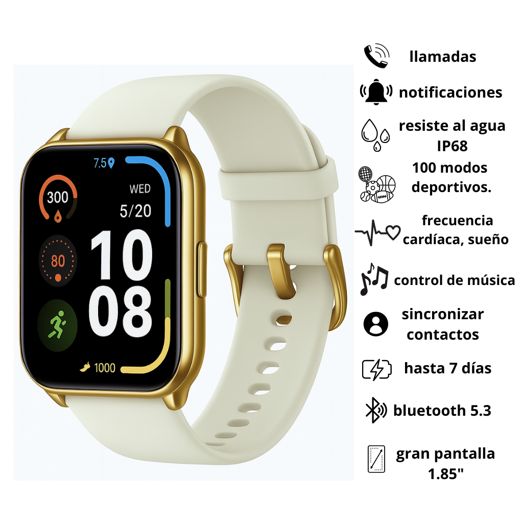 Smartwatch Filwans GTS Mini Pantalla 1.85 Pulgadas 78 Modos Deportivos Llamadas Bluetooth IP68 batería 250mAh, Dorada