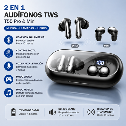 HH More T55 Pro & Mini. Dos en uno. TWS Inalámbricos Bluetooth con Control Táctil