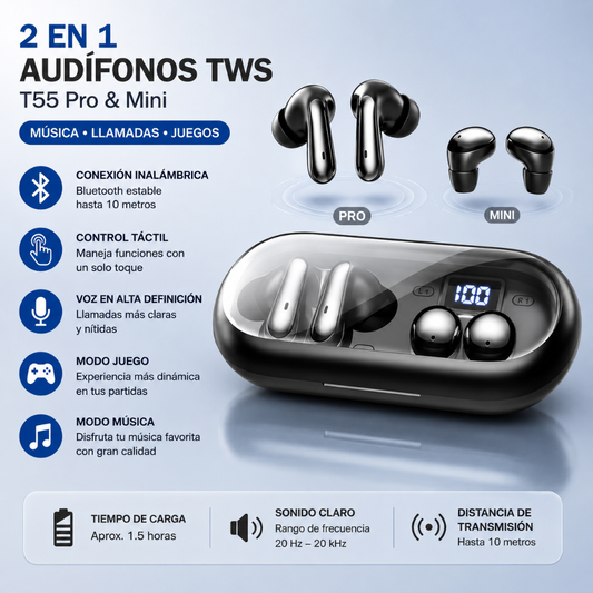 HH More T55 Pro & Mini. Dos en uno. TWS Inalámbricos Bluetooth con Control Táctil