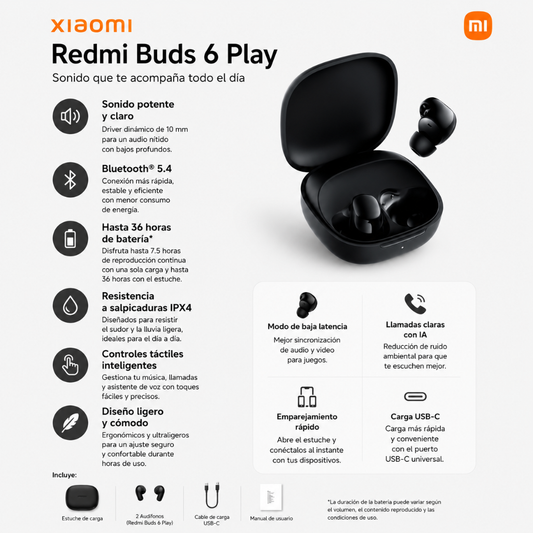 AUDIFONOS REDMI BUDS 6 PLAY (NEGRO) + SMARWATCH HONOR CHOICE 2 EPIC AMOLED