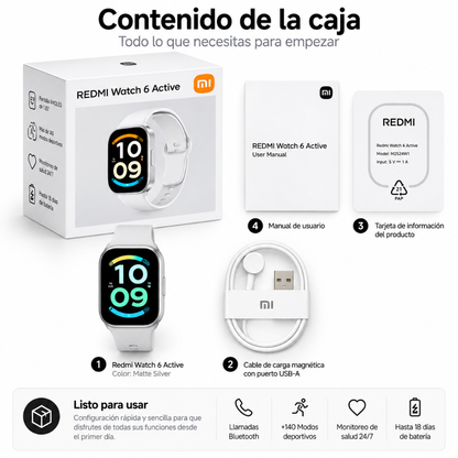 SMARTWATCH XIAOMI REDMI WACTH 6 ACTIVE (PLATA) +BOCINA XIAOMI SOUND POCKET (AZUL)+AUDIFONOS G-TIDE H21 (PLATA)
