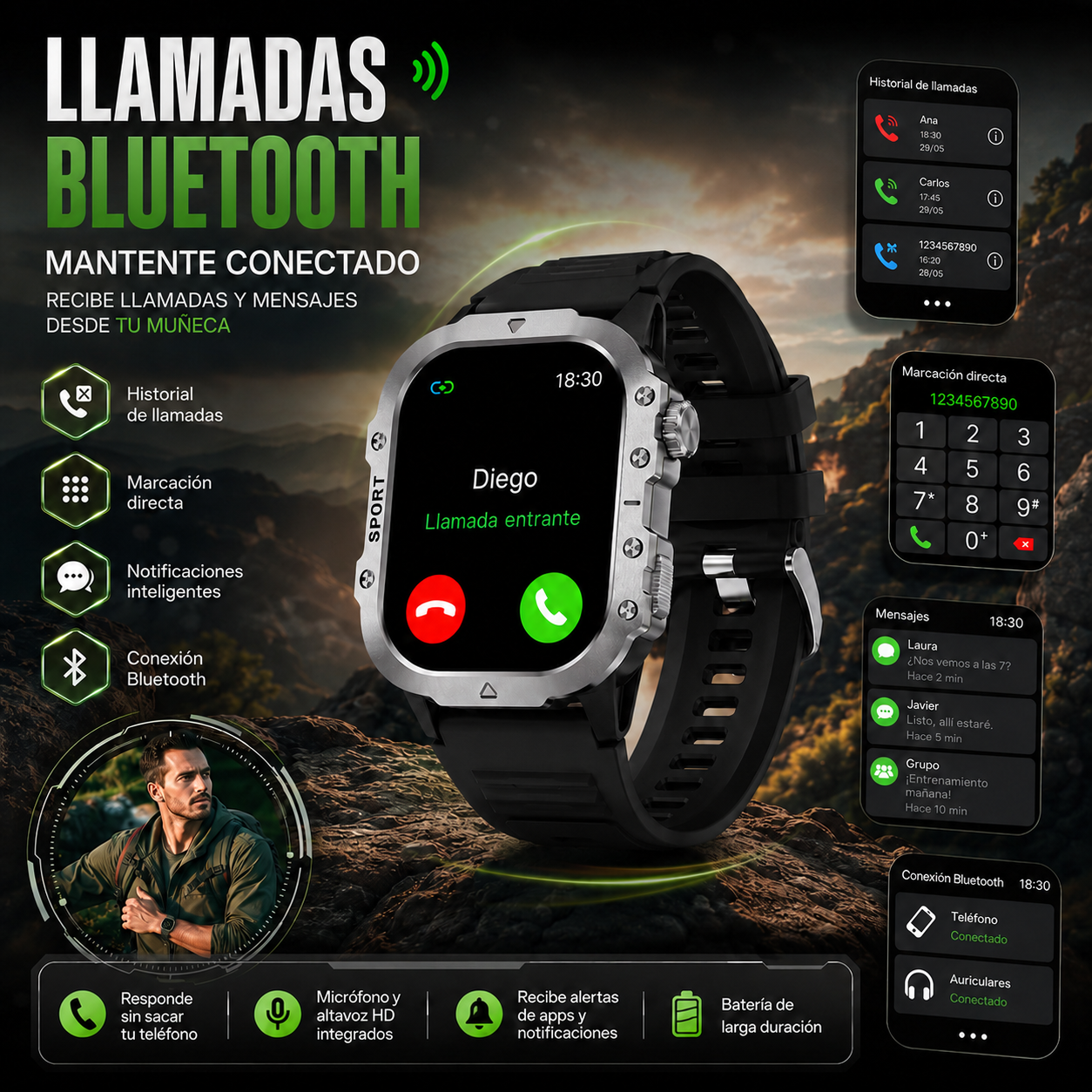 Smartwatch Deportivo HD con Llamadas Bluetooth, Linterna LED y Monitoreo de Actividad