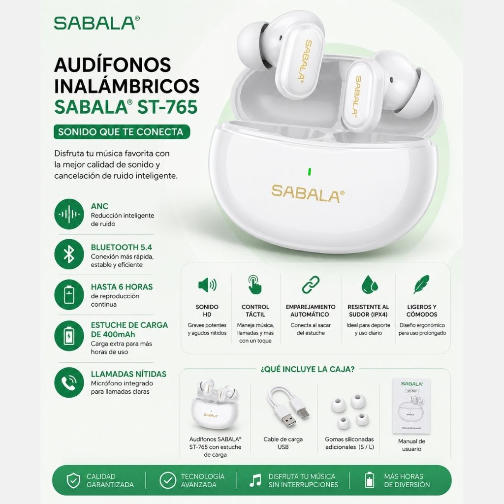 Audífonos Inalámbricos SABALA ST-765 Bluetooth con Estuche de Carga