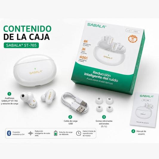 Audífonos Inalámbricos SABALA ST-765 Bluetooth con Estuche de Carga
