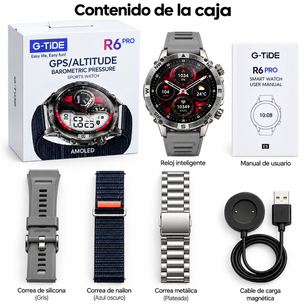 SMARTWACTH G-TIDE R6 PRO (GRIS) + BOCINA G-TIDE SV-30 + AUDIFONOS G-TIDE H21 (METAL)