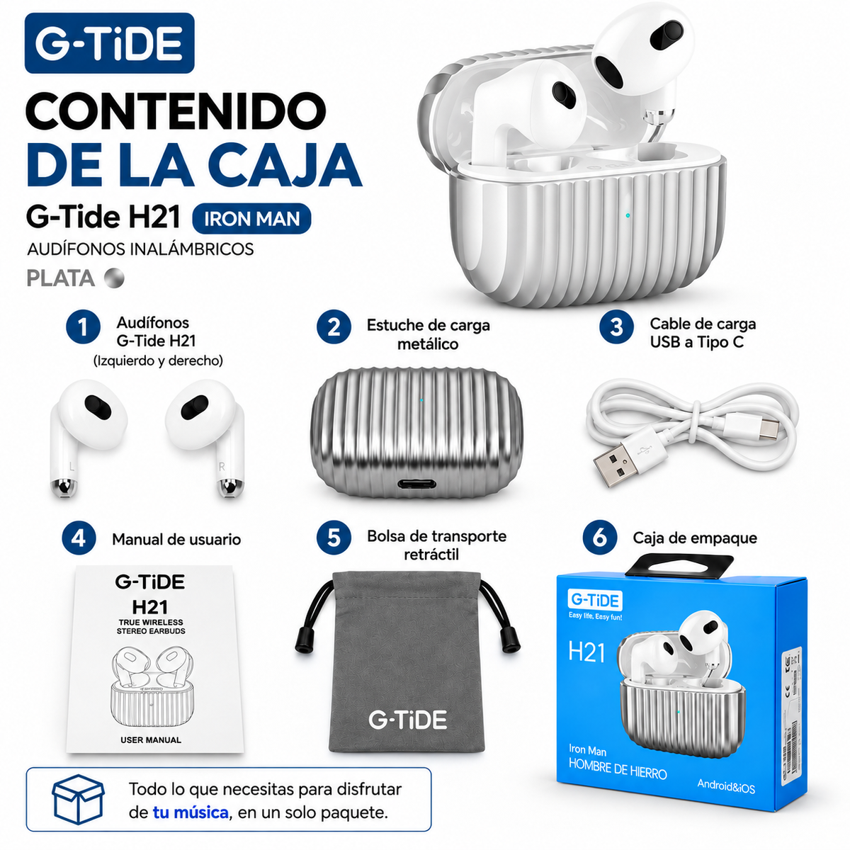 AUDIFONOS G-TIDE H21 (PLATA) + SMARWATCH HONOR CHOICE 2 EPIC AMOLED + BOCINA SANAG M15 (BEIGE)