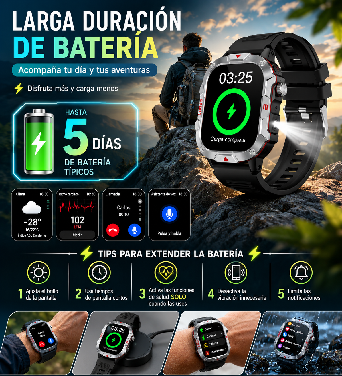 Smartwatch Deportivo HD con Llamadas Bluetooth, Linterna LED y Monitoreo de Actividad
