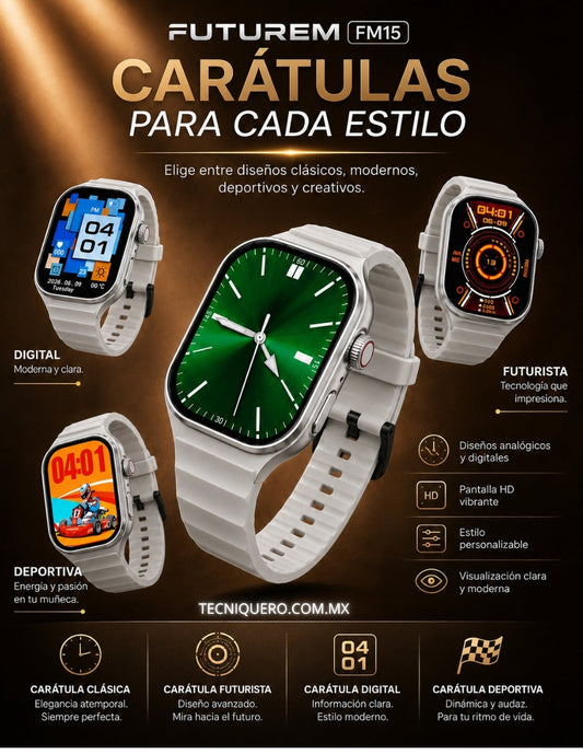 Smartwatch Futurem FM15 con Llamadas Bluetooth, Juegos, Monitoreo de Salud y Pantalla HD