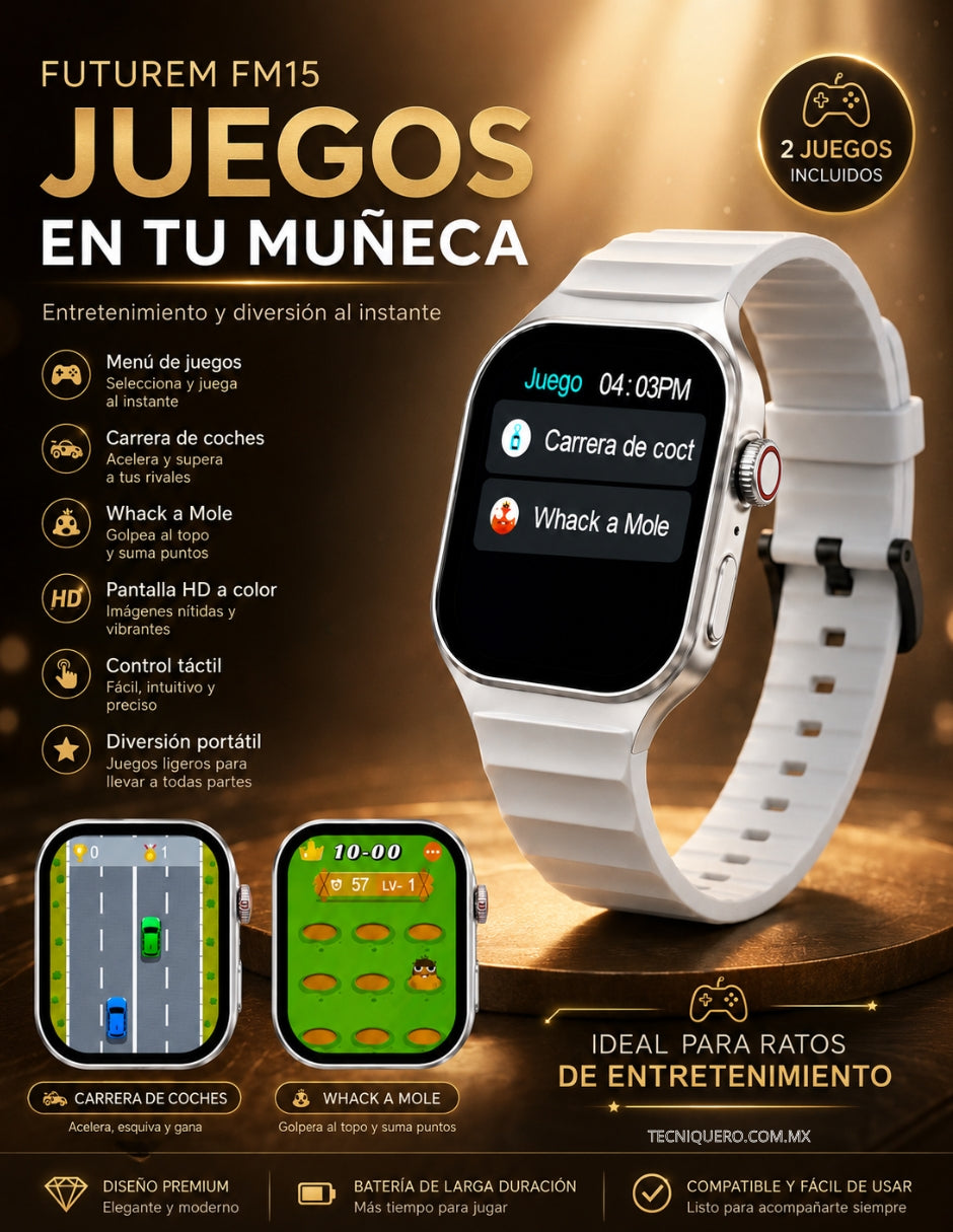 Smartwatch Futurem FM15 con Llamadas Bluetooth, Juegos, Monitoreo de Salud y Pantalla HD