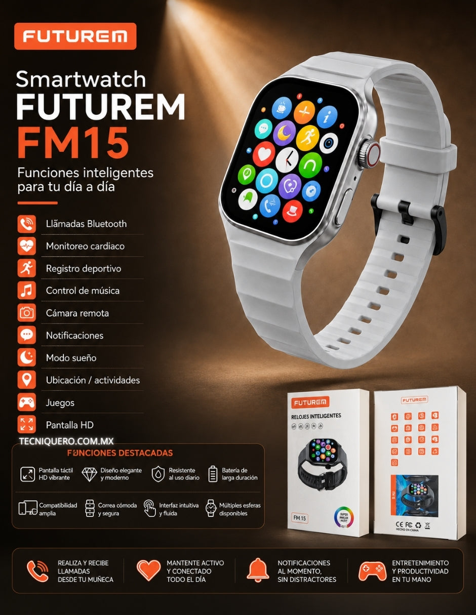 Smartwatch Futurem FM15 con Llamadas Bluetooth, Juegos, Monitoreo de Salud y Pantalla HD