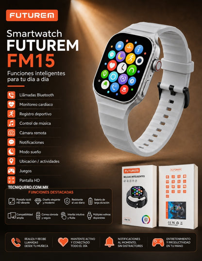 Smartwatch Futurem FM15 con Llamadas Bluetooth, Juegos, Monitoreo de Salud y Pantalla HD
