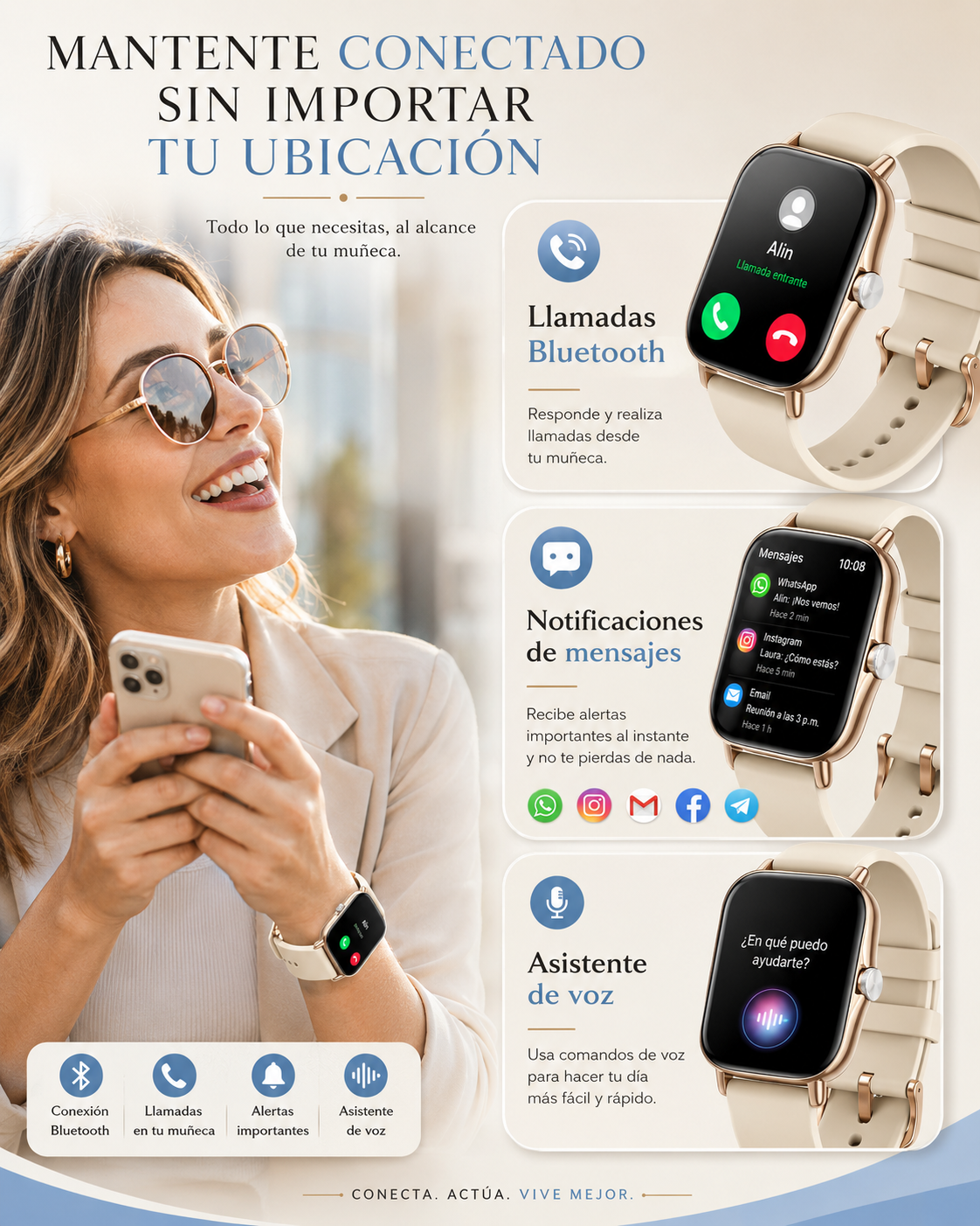 Combo Smartwatch Futurem FM13 + Audífonos HH More Mini T35 Bluetooth Ultra Compactos Dorados