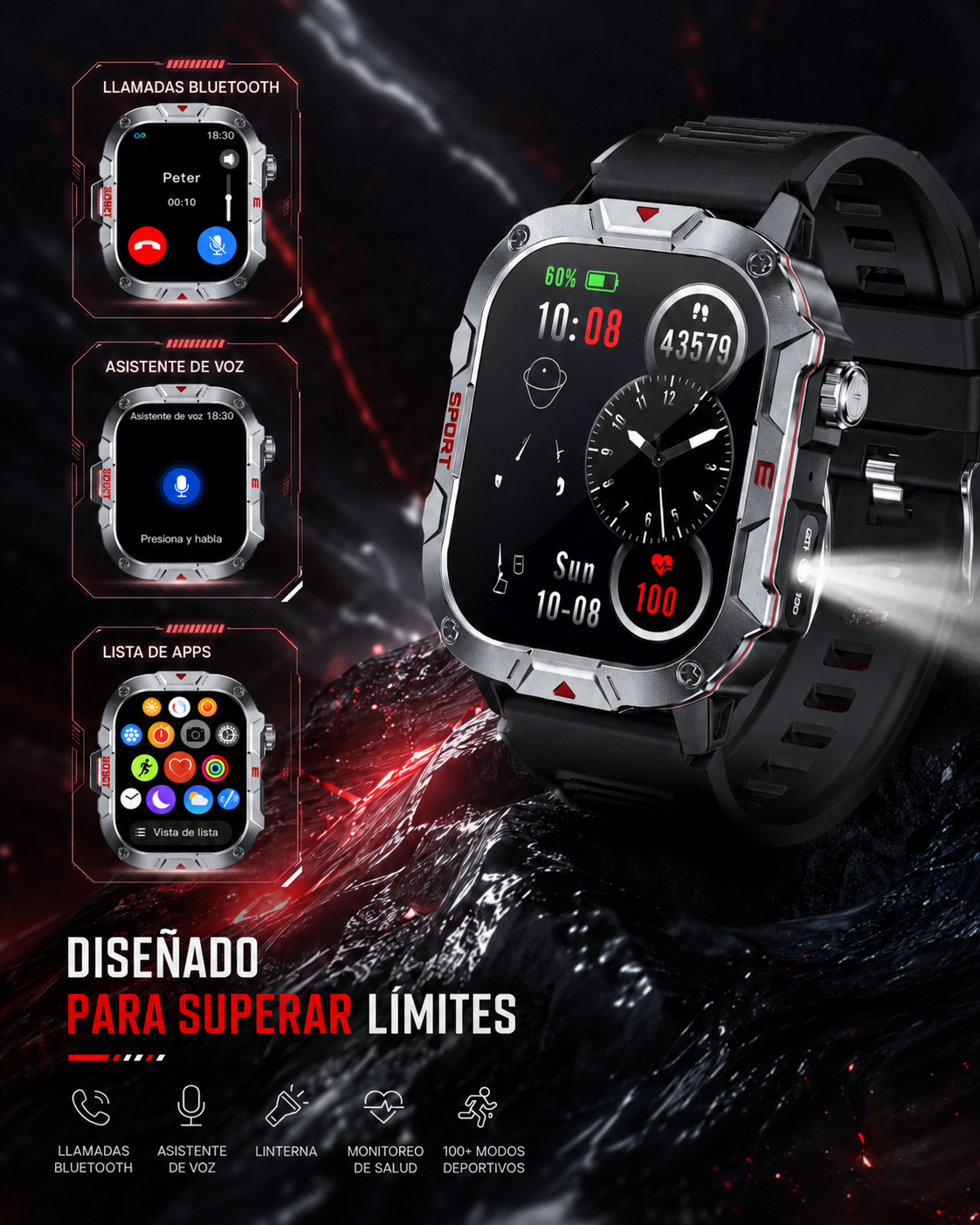 Smartwatch Deportivo HD con Llamadas Bluetooth, Linterna LED y Monitoreo de Actividad