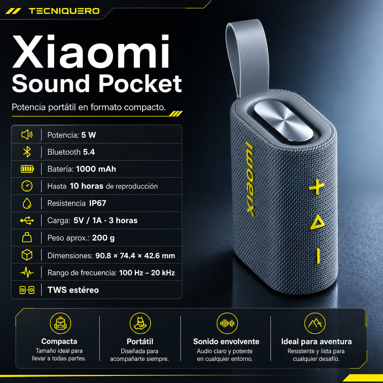 Bocina Bluetooth Xiaomi Sound Pocket 5W Portátil IP67 Bluetooth 5.4 Azul Grisáceo